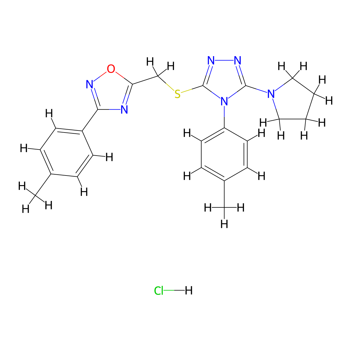 3-(4-methylphenyl)-5-({[4-(4-methylphenyl)-5-(pyrrolidin-1-yl)-4H-1,2,4-triazol-3-yl]sulfanyl}methyl)-1,2,4-oxadiazole hydrochloride molecular structure, CAS 2243520-87-6