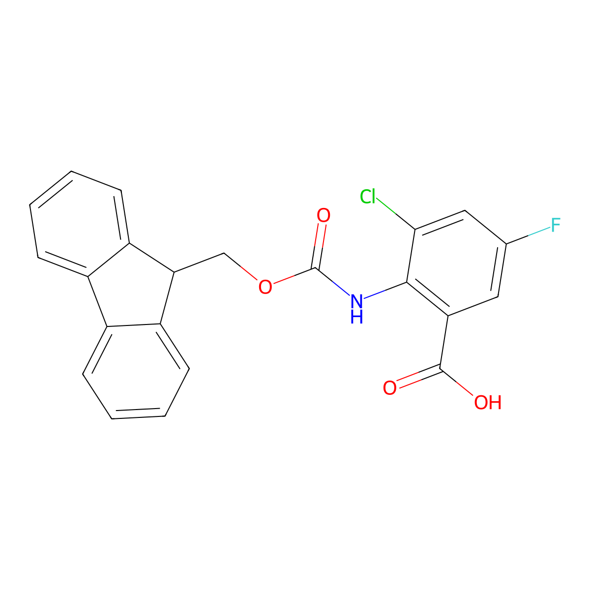 3-chloro-2-({[(9H-fluoren-9-yl)methoxy]carbonyl}amino)-5-fluorobenzoic acid molecular structure, CAS 2243521-23-3