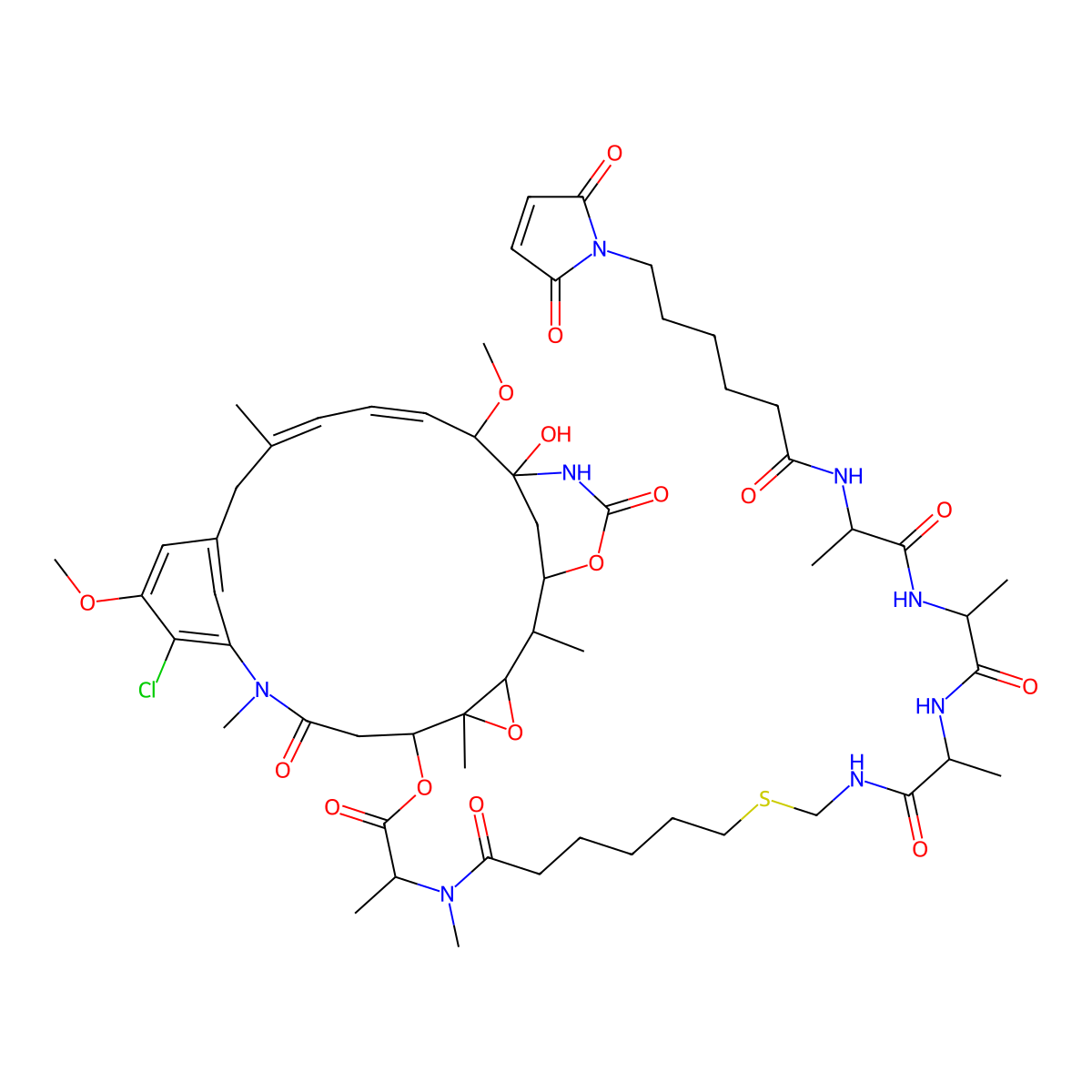 [(1S,2R,3S,5S,6S,16Z,18Z,20R,21S)-11-chloro-21-hydroxy-12,20-dimethoxy-2,5,9,16-tetramethyl-8,23-dioxo-4,24-dioxa-9,22-diazatetracyclo[19.3.1.110,14.03,5]hexacosa-10,12,14(26),16,18-pentaen-6-yl] (2S)-2-[6-[[[(2S)-2-[[(2R)-2-[[(2S)-2-[6-(2,5-dioxopyrrol-1-yl)hexanoylamino]propanoyl]amino]propanoyl]amino]propanoyl]amino]methylsulfanyl]hexanoyl-methylamino]propanoate molecular structure, CAS 2243689-80-5