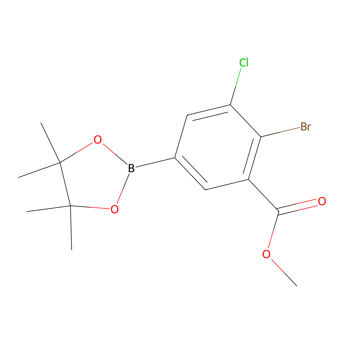 Methyl 2-bromo-3-chloro-5-(4,4,5,5-tetramethyl-1,3,2-dioxaborolan-2-yl)benzoate molecular structure, CAS 2244128-36-5