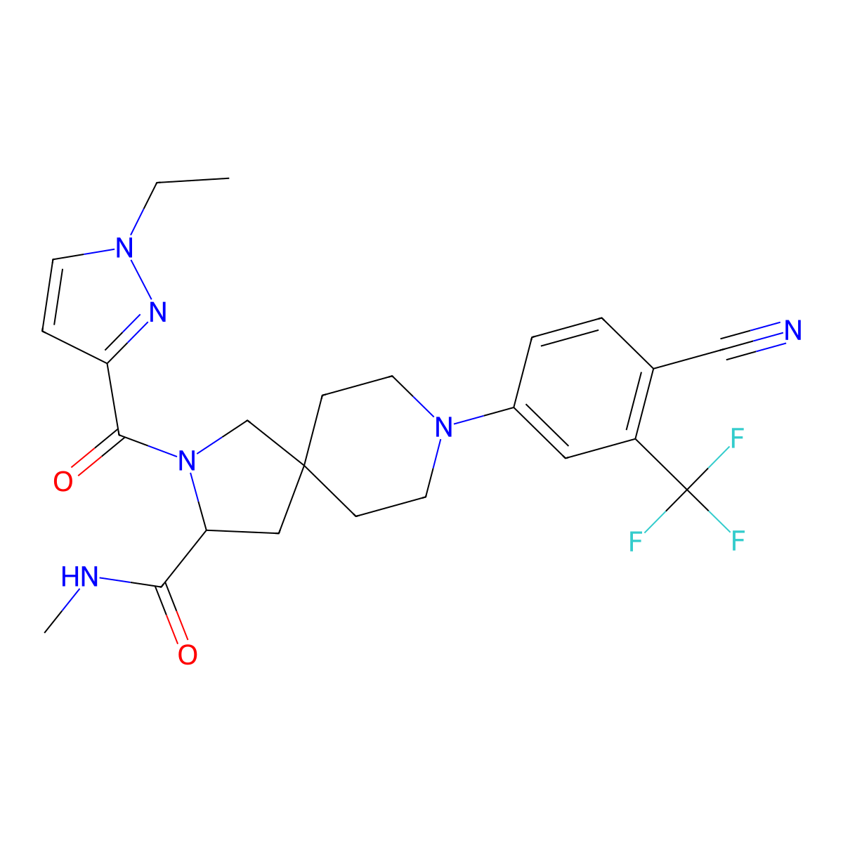8-[4-Cyano-3-(trifluoromethyl)phenyl]-2-(1-ethylpyrazole-3-carbonyl)-N-methyl-2,8-diazaspiro[4.5]decane-3-carboxamide molecular structure, CAS 2244290-01-3