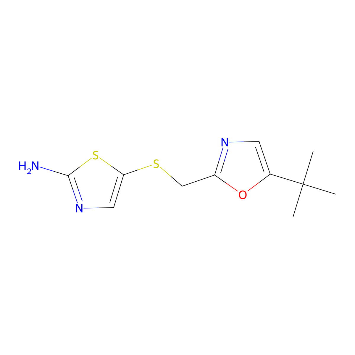 5-(((5-(tert-Butyl)oxazol-2-yl)methyl)thio)thiazol-2-amine molecular structure, CAS 224436-97-9