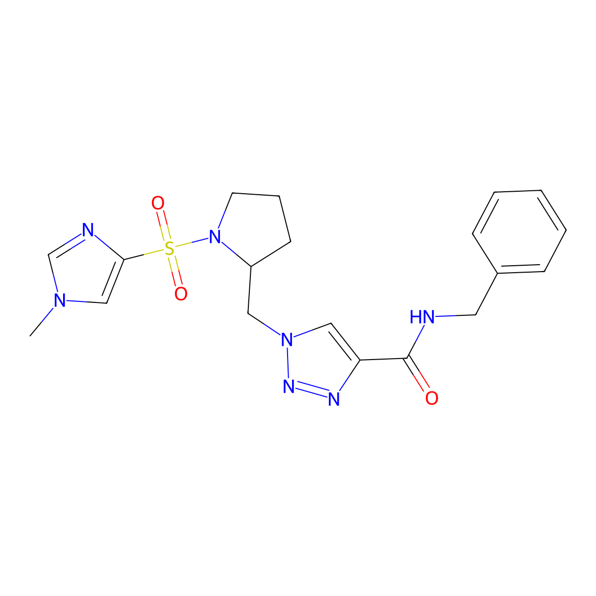 (S)-N-Benzyl-1-((1-((1-methyl-1H-imidazol-4-yl)sulfonyl)pyrrolidin-2-yl)methyl)-1H-1,2,3-triazole-4-carboxamide molecular structure, CAS 2244380-31-0