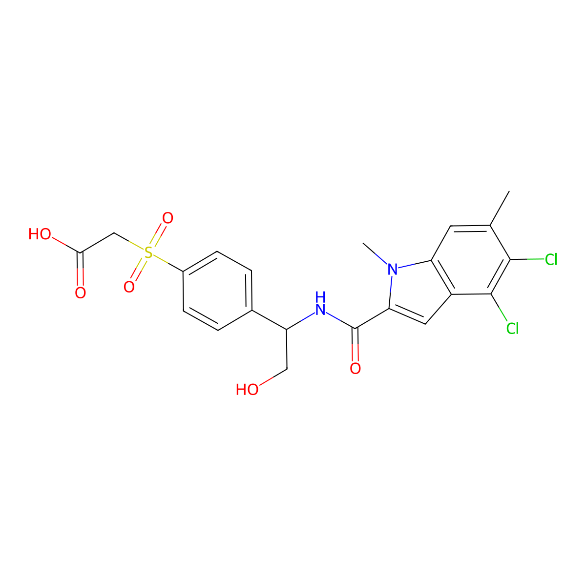 2-[4-[(1~{S})-1-[[4,5-bis(chloranyl)-1,6-dimethyl-indol-2-yl]carbonylamino]-2-oxidanyl-ethyl]phenyl]sulfonylethanoic acid molecular structure, CAS 2244452-09-1