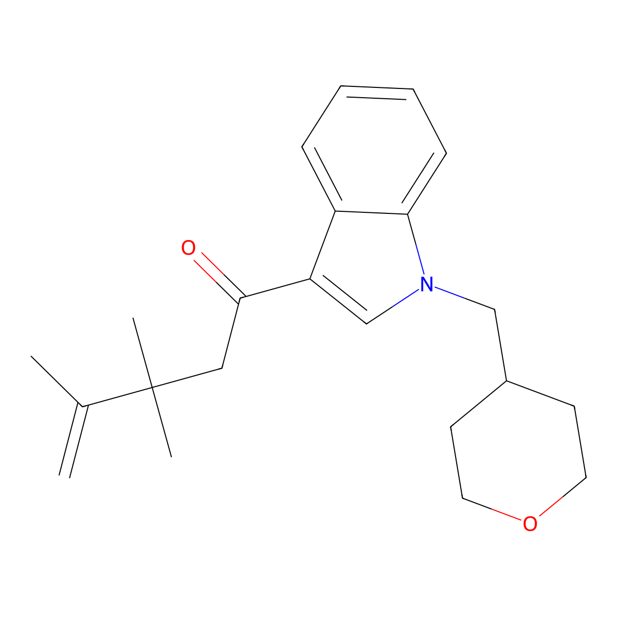 3,3,4-trimethyl-1-(1-((tetrahydro-2H-pyran-4-yl)methyl)-1H-indol-3-yl)pent-4-en-1-one molecular structure, CAS 2244599-90-2