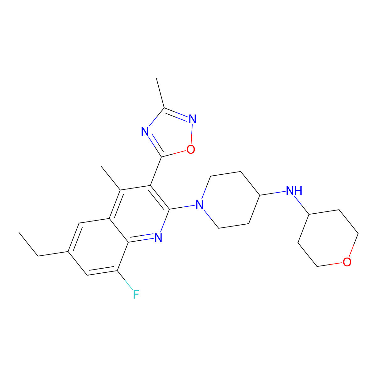 1-(6-Ethyl-8-fluoro-4-methyl-3-(3-methyl-1,2,4-oxadiazol-5-yl)-2-quinolinyl)-N-(tetrahydro-2H-pyran-4-yl)-4-piperidinamine molecular structure, CAS 2244614-14-8