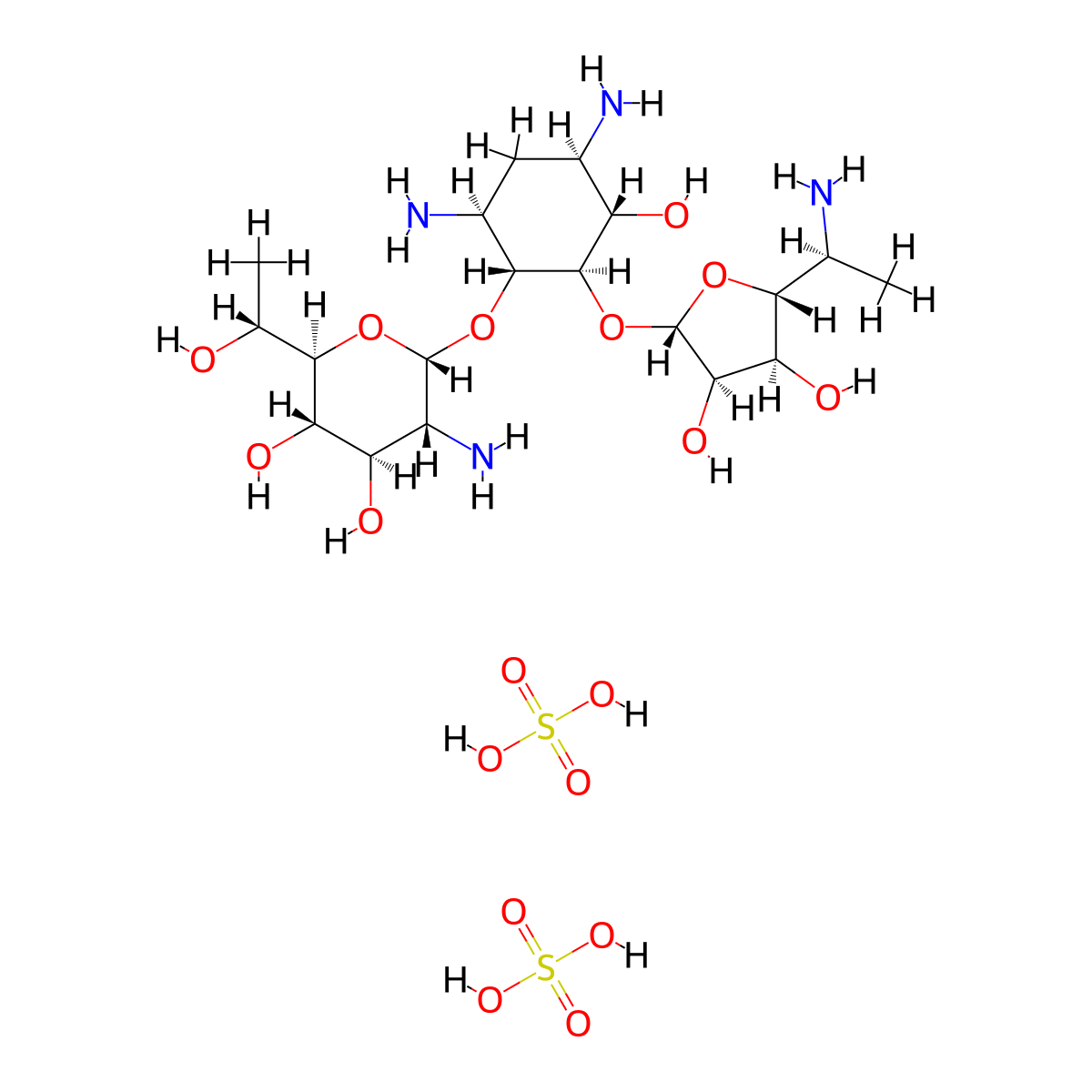 (2R,3S,4R,5R,6S)-5-amino-6-((1R,2R,3S,4R,6S)-4,6-diamino-2-((2S,3R,4S,5R)-5-((1S)-1-aminoethyl)-3,4-dihydroxyoxolan-2-yl)oxy-3-hydroxycyclohexyl)oxy-2-((1R)-1-hydroxyethyl)oxane-3,4-diol bisulfate molecular structure, CAS 2244622-33-9