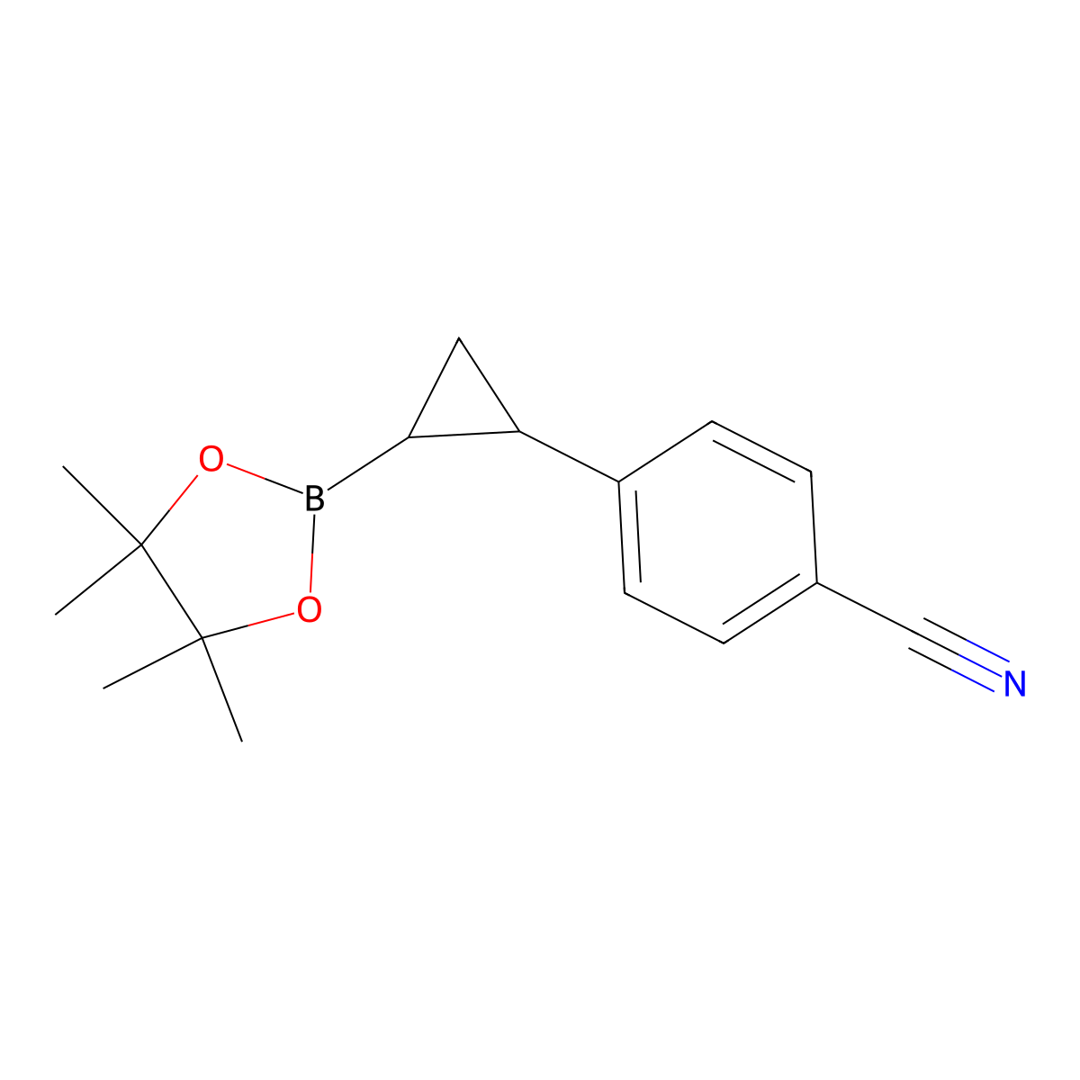 rac-4-[(1R,2R)-2-(tetramethyl-1,3,2-dioxaborolan-2-yl)cyclopropyl]benzonitrile molecular structure, CAS 2244765-44-2