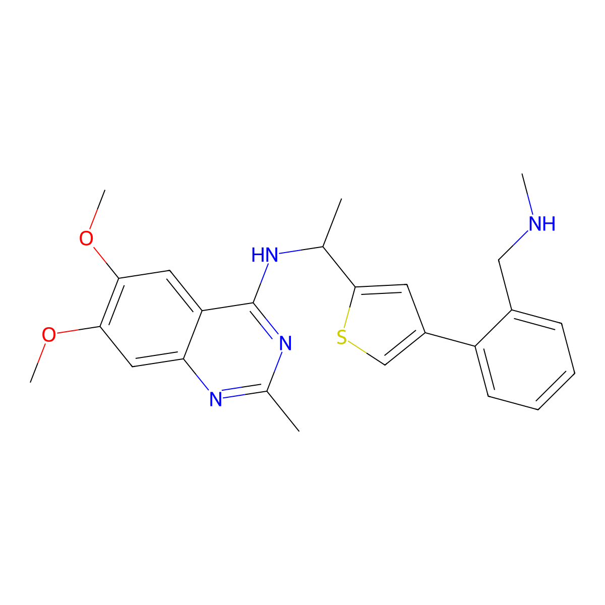 (R)-6,7-dimethoxy-2-methyl-N-(1-(4-(2-((methylamino)methyl)phenyl)thiophen-2-yl)ethyl)quinazolin-4-amine molecular structure, CAS 2244904-14-9