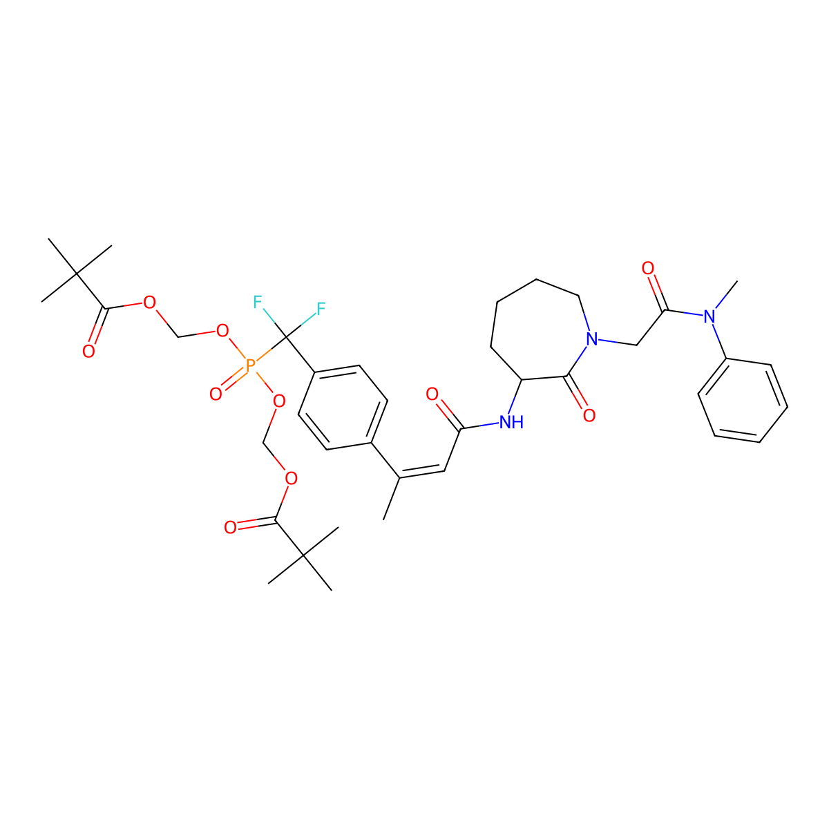 (S)-(((Difluoro(4-(4-((1-(2-(methyl(phenyl)amino)-2-oxoethyl)-2-oxoazepan-3-yl)amino)-4-oxobut-2-en-2-yl)phenyl)methyl)phosphoryl)bis(oxy))bis(methylene) bis(2,2-dimethylpropanoate) molecular structure, CAS 2245173-46-8