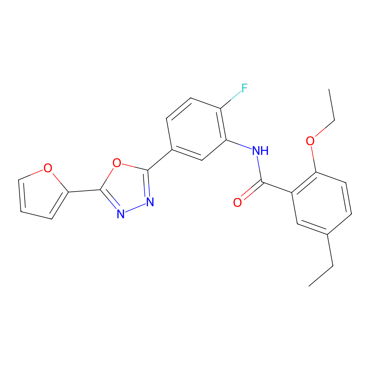 2-Ethoxy-5-ethyl-N-[2-fluoro-5-[5-(2-furanyl)-1,3,4-oxadiazol-2-YL]phenyl]benzamide molecular structure, CAS 2245767-05-7