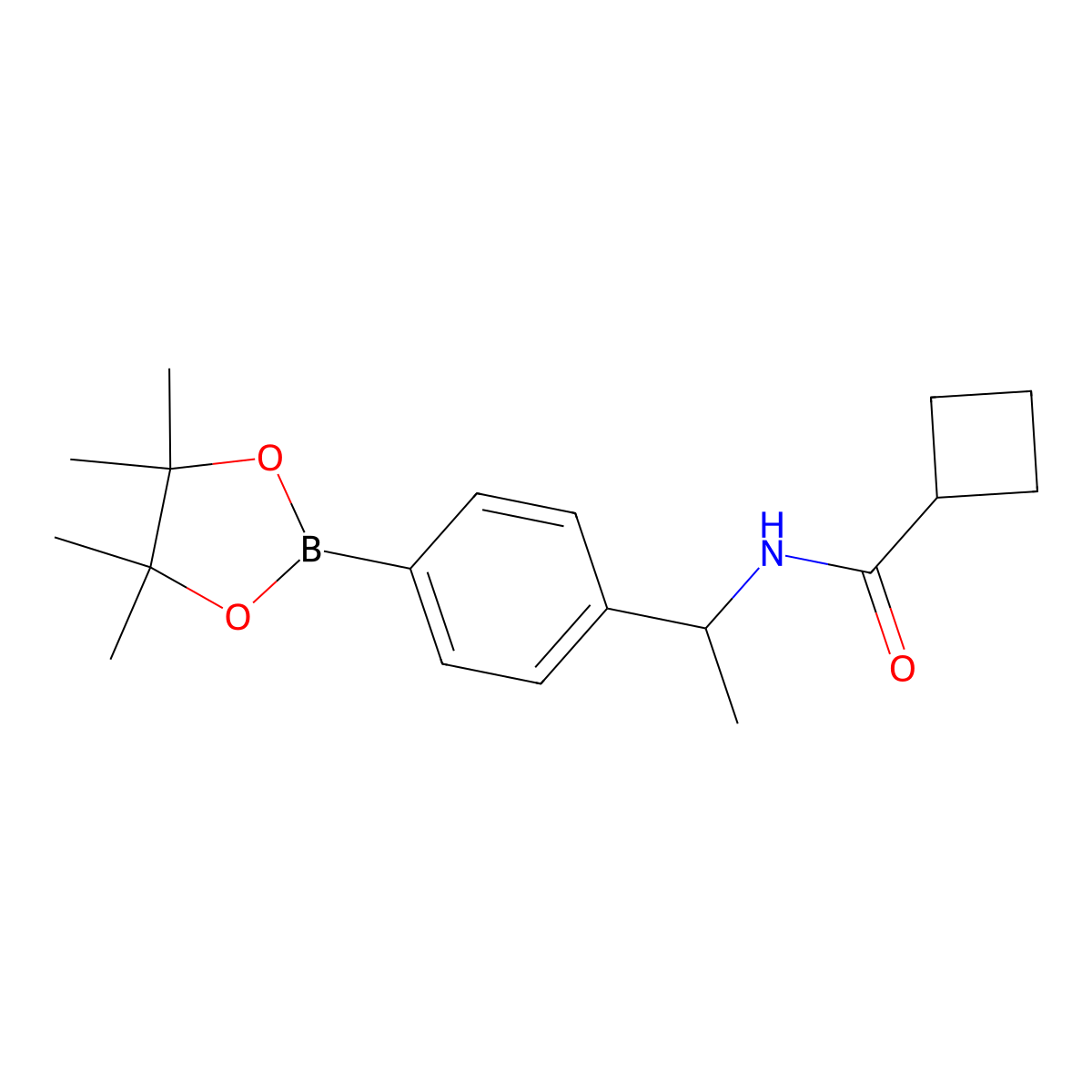 Cyclobutanecarboxylic acid {1-[4-(4,4,5,5-tetramethyl-[1,3,2]dioxaborolan-2-yl)-phenyl]-ethyl}-amide molecular structure, CAS 2246352-05-4