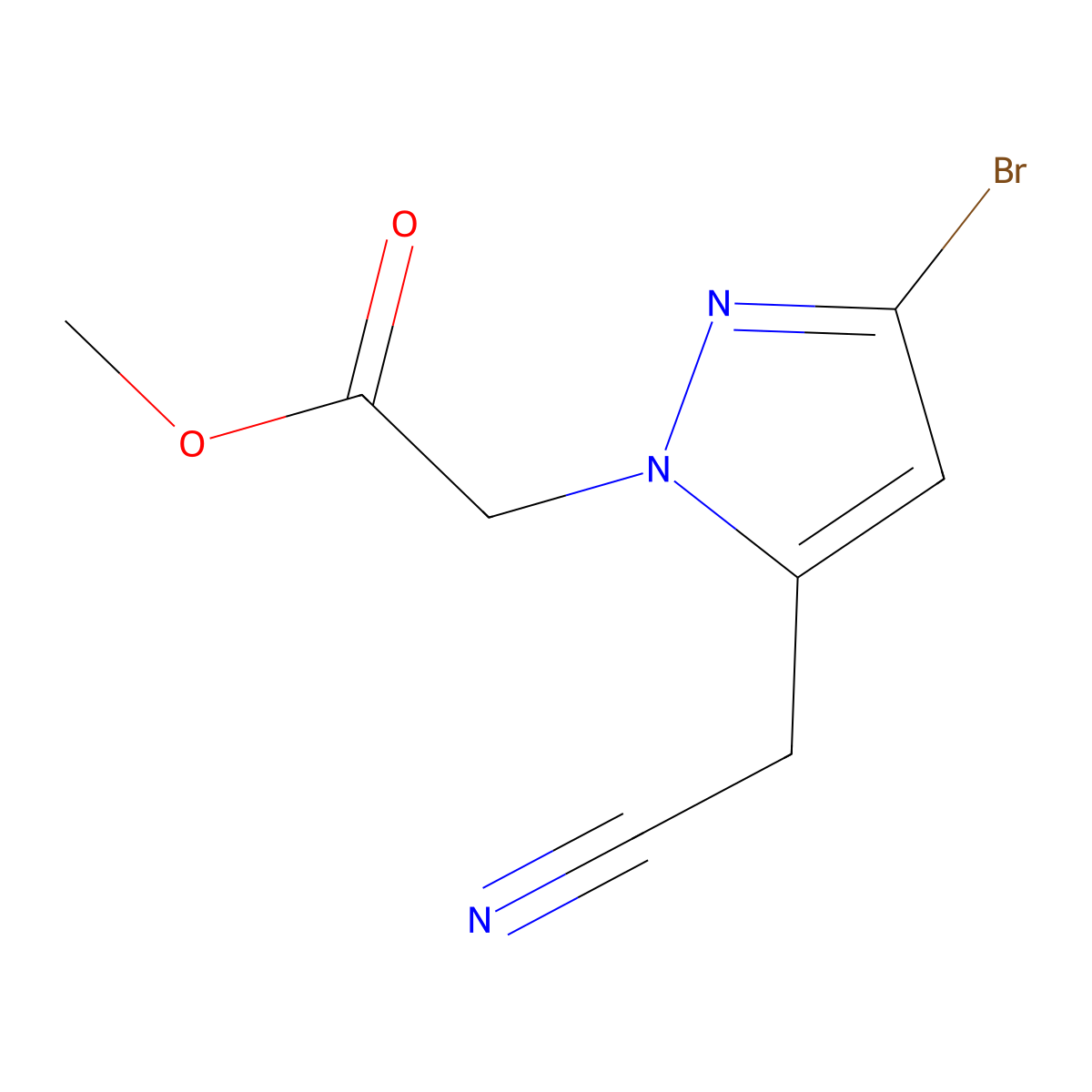 Methyl 2-(3-bromo-5-(cyanomethyl)-1H-pyrazol-1-yl)acetate molecular structure, CAS 2246364-60-1