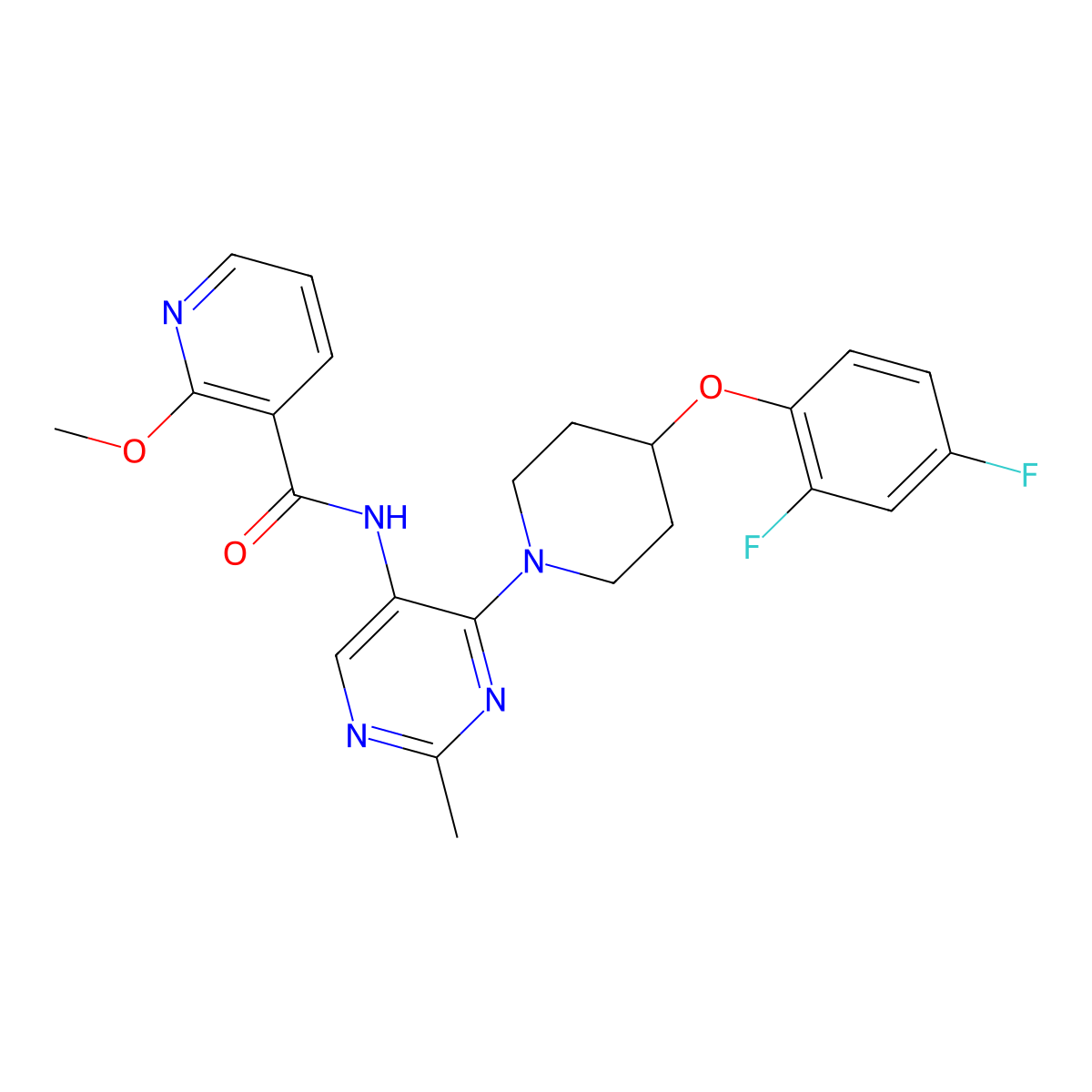 N-{4-[4-(2,4-difluorophenoxy)piperidin-1-yl]-2-methylpyrimidin-5-yl}-2-methoxypyridine-3-carboxamide molecular structure, CAS 2246566-92-5