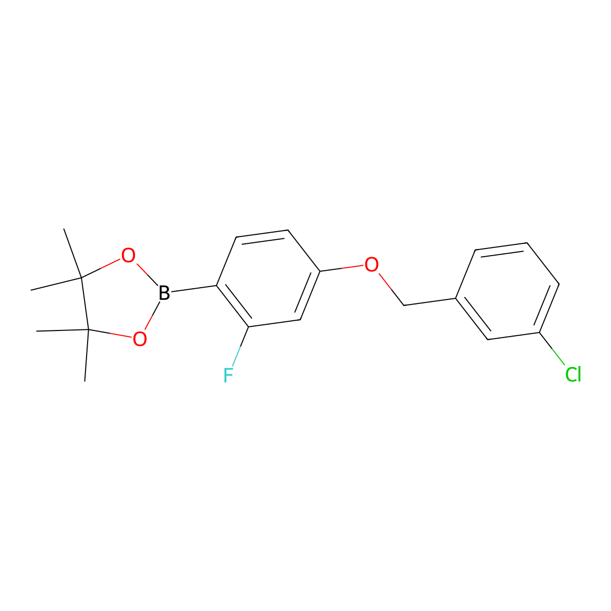 2-{4-[(3-Chlorophenyl)methoxy]-2-fluorophenyl}-4,4,5,5-tetramethyl-1,3,2-dioxaborolane molecular structure, CAS 2246599-37-9