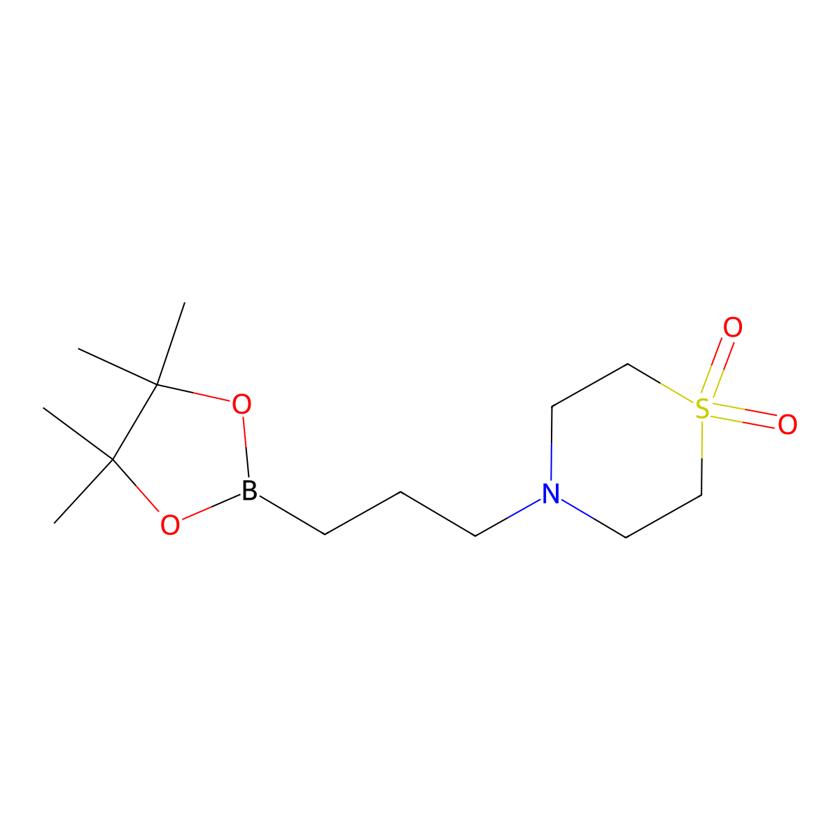 4-[3-(Tetramethyl-1,3,2-dioxaborolan-2-yl)propyl]-1lambda6-thiomorpholine-1,1-dione molecular structure, CAS 2246610-89-7