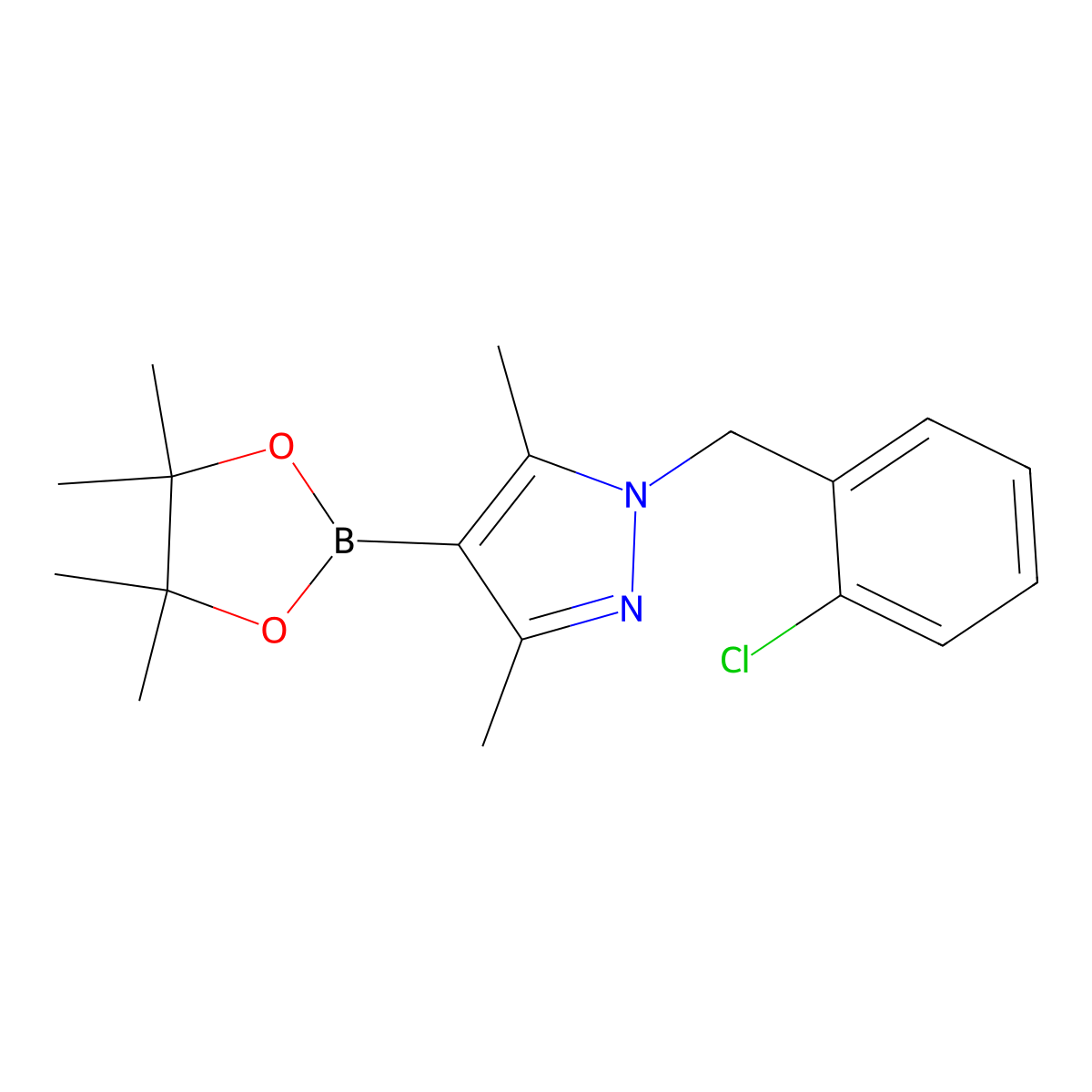 1-(2-Chloro-benzyl)-3,5-dimethyl-4-(4,4,5,5-tetramethyl-[1,3,2]dioxaborolan-2-yl)-1H-pyrazole molecular structure, CAS 2246642-44-2