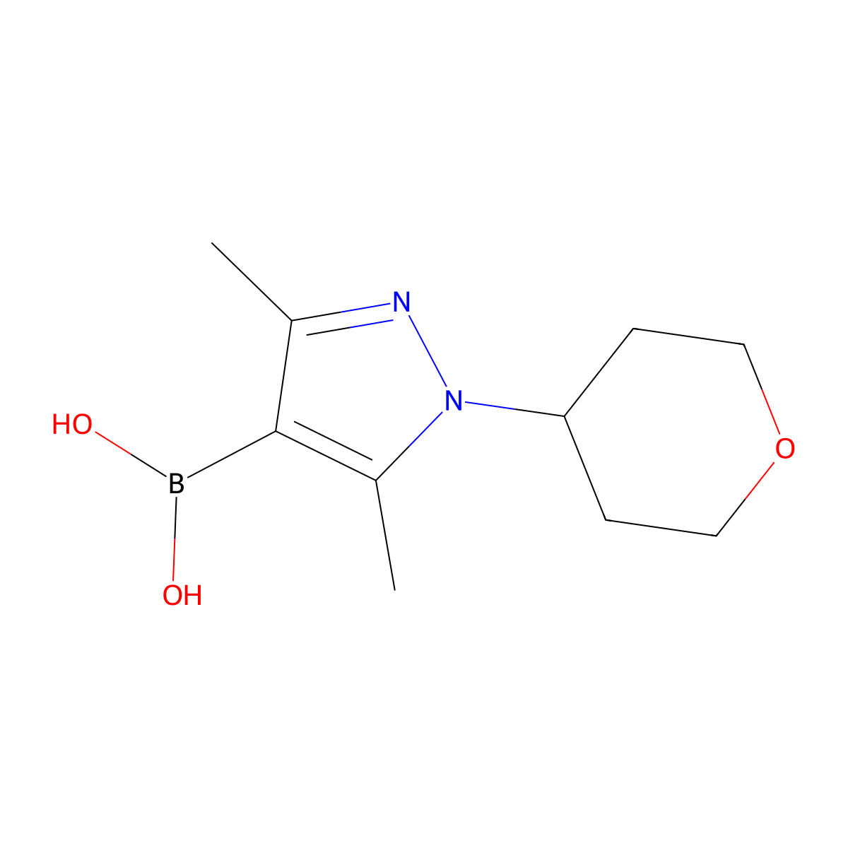[3,5-dimethyl-1-(oxan-4-yl)-1H-pyrazol-4-yl]boronic acid molecular structure, CAS 2246690-80-0