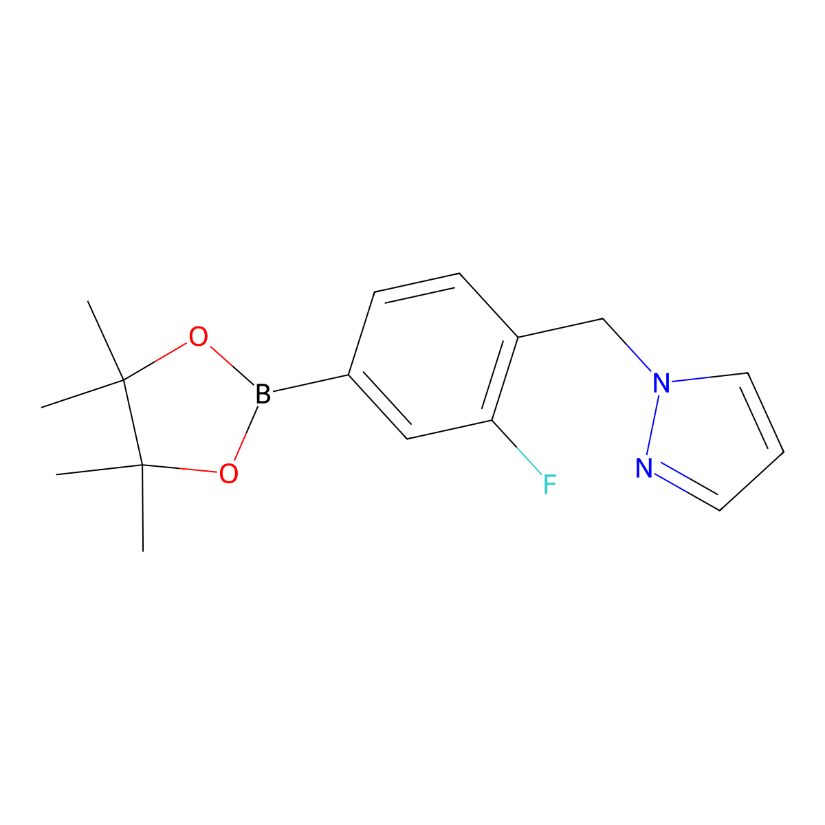 1-((2-fluoro-4-(tetramethyl-1,3,2-dioxaborolan-2-yl)phenyl)methyl)-1H-pyrazole molecular structure, CAS 2246813-47-6