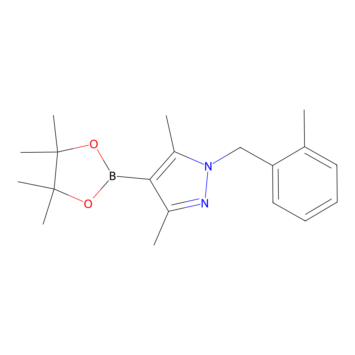 3,5-Dimethyl-1-(2-methyl-benzyl)-4-(4,4,5,5-tetramethyl-[1,3,2]dioxaborolan-2-yl)-1H-pyrazole molecular structure, CAS 2246835-74-3