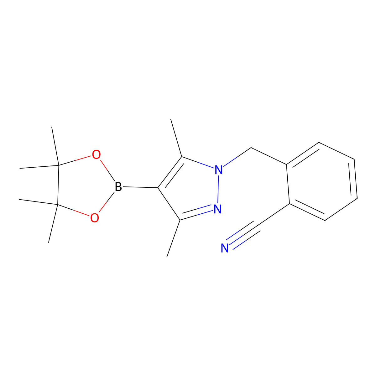 2-[3,5-Dimethyl-4-(4,4,5,5-tetramethyl-[1,3,2]dioxaborolan-2-yl)-pyrazol-1-ylmethyl]-benzonitrile molecular structure, CAS 2246901-96-0