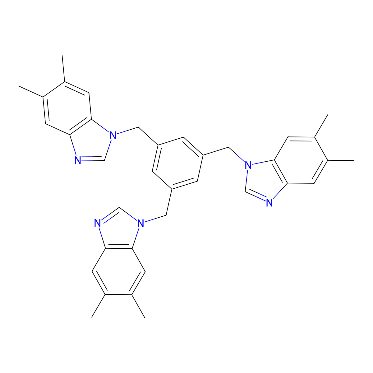 1,3,5-Tris((5,6-dimethyl-1H-benzo[d]imidazol-1-yl)methyl)benzene molecular structure, CAS 2247034-63-3
