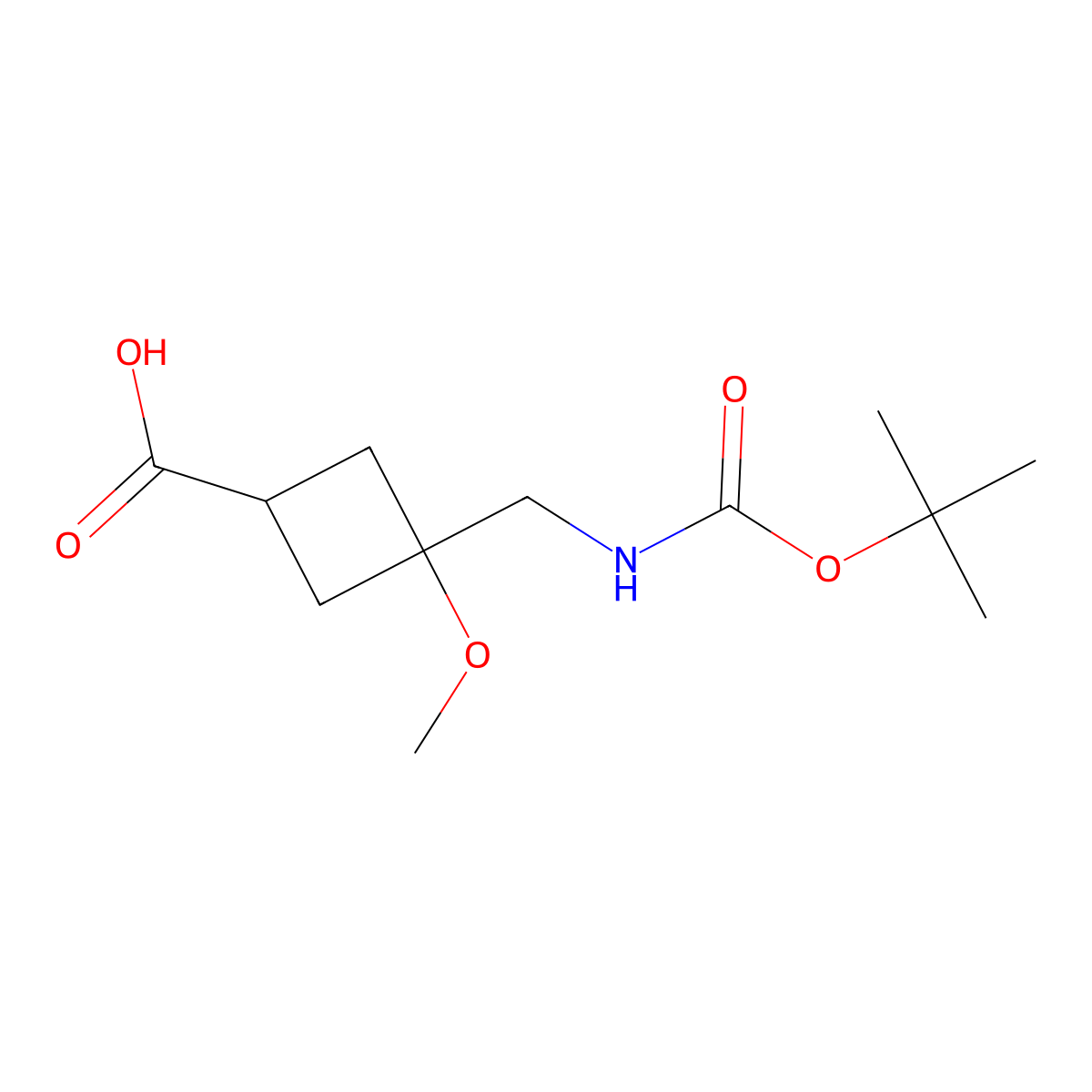 Rac-(1s,3s)-3-({[(tert-butoxy)carbonyl]amino}methyl)-3-methoxycyclobutane-1-carboxylic acid molecular structure, CAS 2247088-03-3