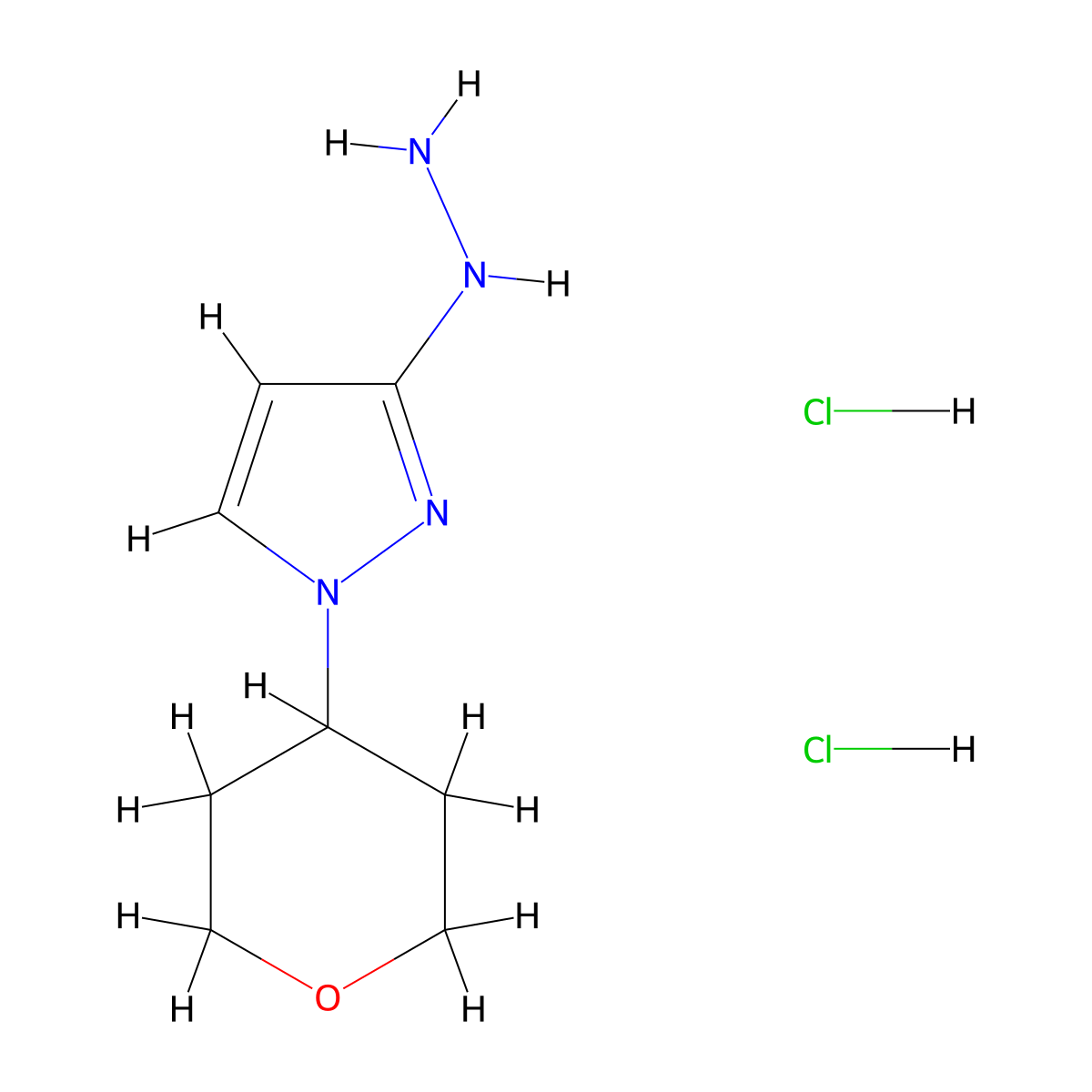 3-hydrazinyl-1-(oxan-4-yl)-1H-pyrazole dihydrochloride molecular structure, CAS 2247106-21-2