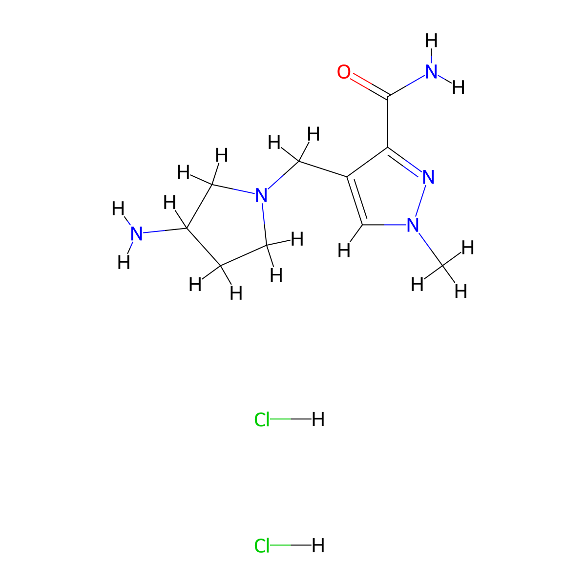 4-[(3-aminopyrrolidin-1-yl)methyl]-1-methyl-1H-pyrazole-3-carboxamide dihydrochloride molecular structure, CAS 2247107-95-3