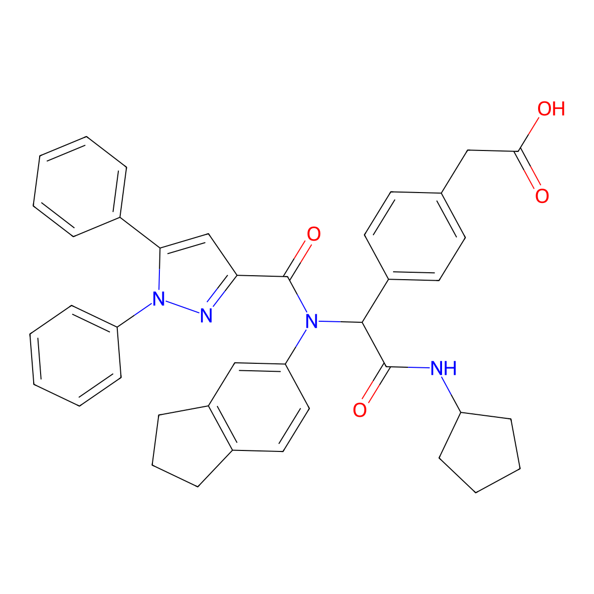 2-(4-(2-(Cyclopentylamino)-1-(N-(2,3-dihydro-1H-inden-5-yl)-1,5-diphenyl-1H-pyrazole-3-carboxamido)-2-oxoethyl)phenyl)acetic acid molecular structure, CAS 2247439-36-5