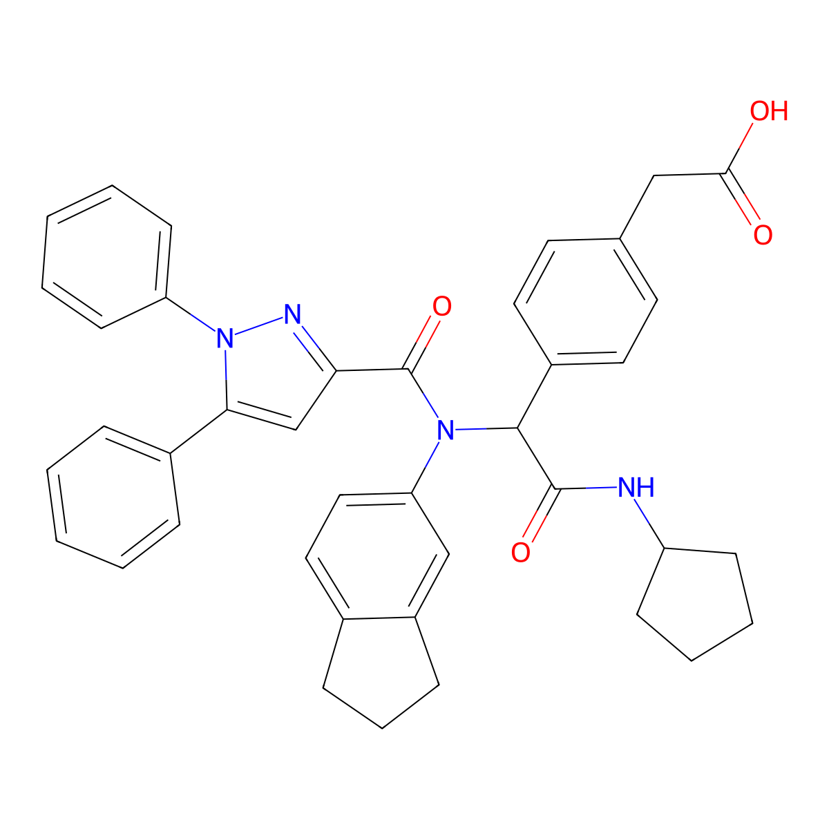 2-(4-(2-(Cyclopentylamino)-1-(N-(2,3-dihydro-1H-inden-5-yl)-1,5-diphenyl-1H-pyrazole-3-carboxamido)-2-oxoethyl)phenyl)acetic acid molecular structure, CAS 2247439-36-5