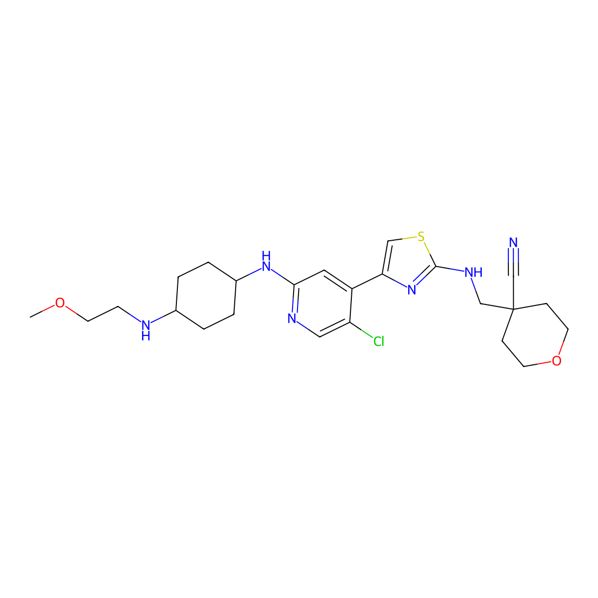 4-(((4-(5-Chloro-2-((trans-4-((2-methoxyethyl)amino)cyclohexyl)amino)pyridin-4-yl)thiazol-2-yl)amino)methyl)tetrahydro-2H-pyran-4-carbonitrile molecular structure, CAS 2247481-21-4
