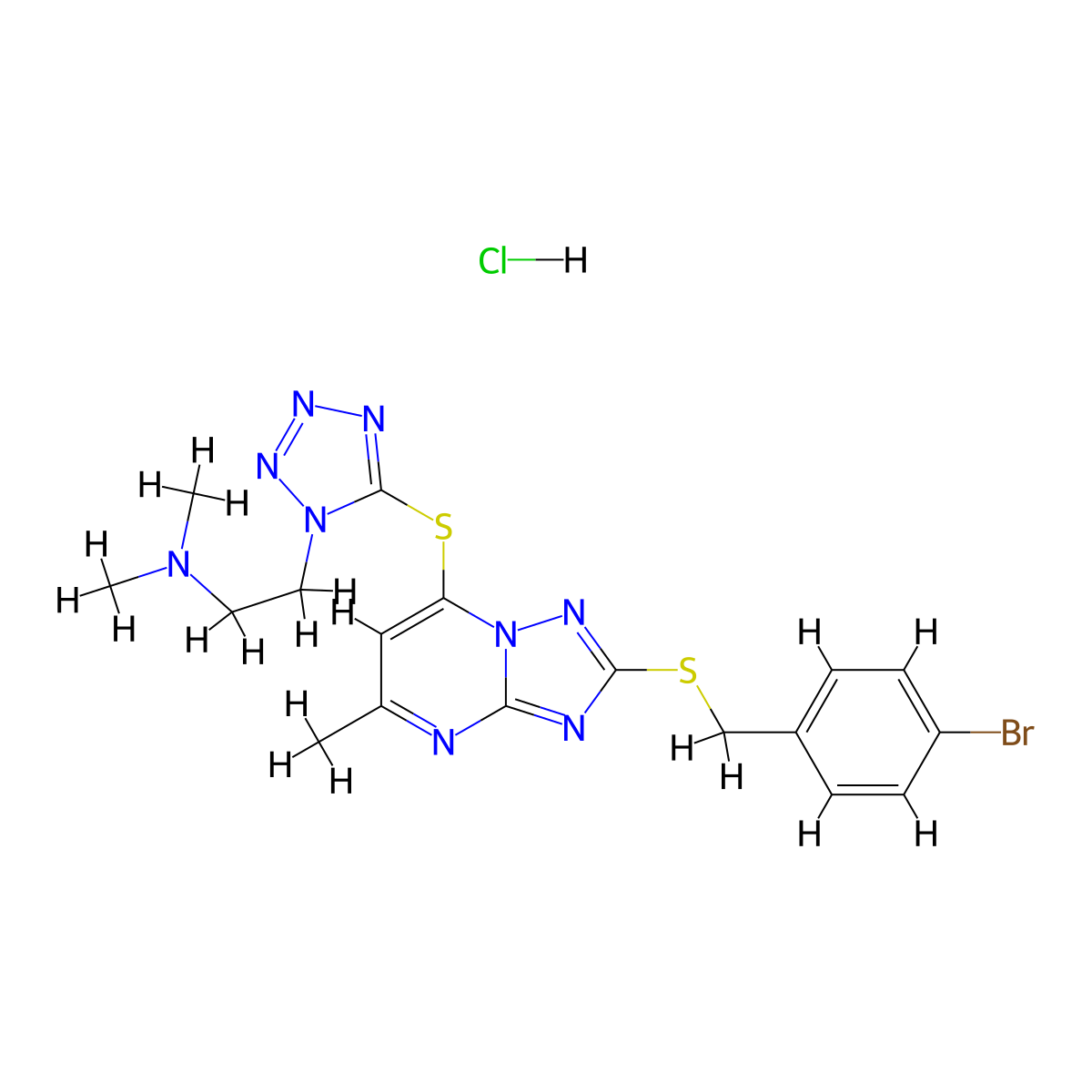2-[5-[[2-[(4-bromophenyl)methylsulfanyl]-5-methyl-[1,2,4]triazolo[1,5-a]pyrimidin-7-yl]sulfanyl]tetrazol-1-yl]-N,N-dimethylethanamine;hydrochloride molecular structure, CAS 2247544-03-0