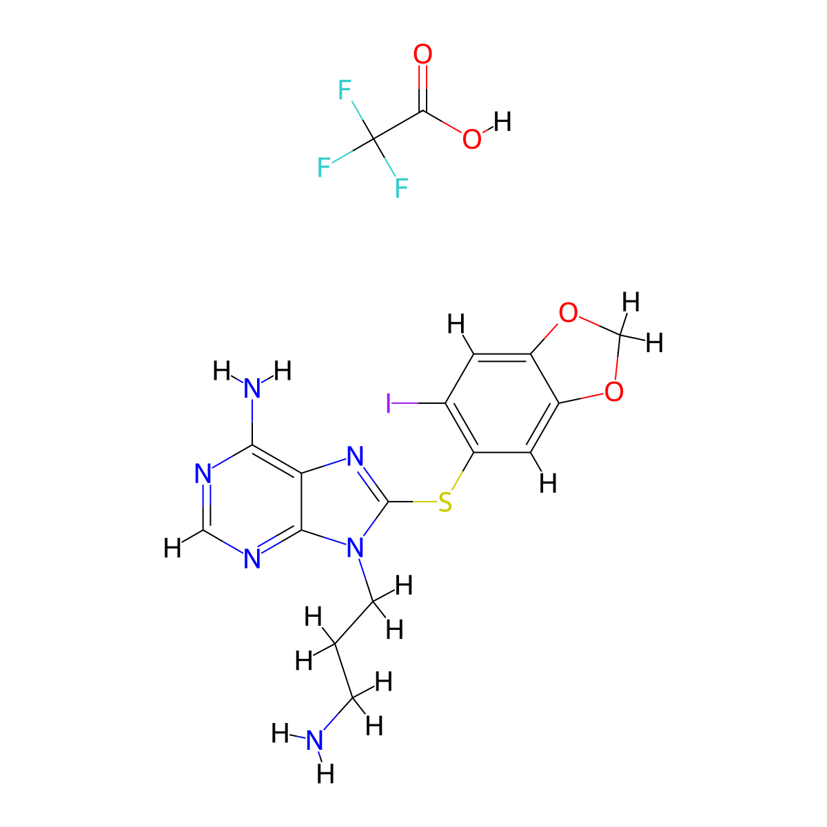 9-(3-aminopropyl)-8-((6-iodobenzo[d][1,3]dioxol-5-yl)thio)-9H-purin-6-amine 2,2,2-trifluoroacetate molecular structure, CAS 2247849-68-7
