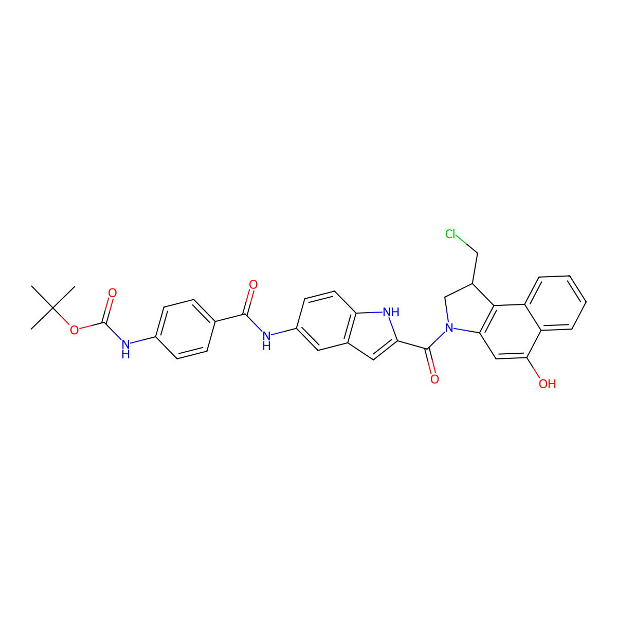 tert-Butyl (4-((2-(1-(chloromethyl)-5-hydroxy-2,3-dihydro-1H-benzo[e]indole-3-carbonyl)-1H-indol-5-yl)carbamoyl)phenyl)carbamate molecular structure, CAS 2248114-48-7