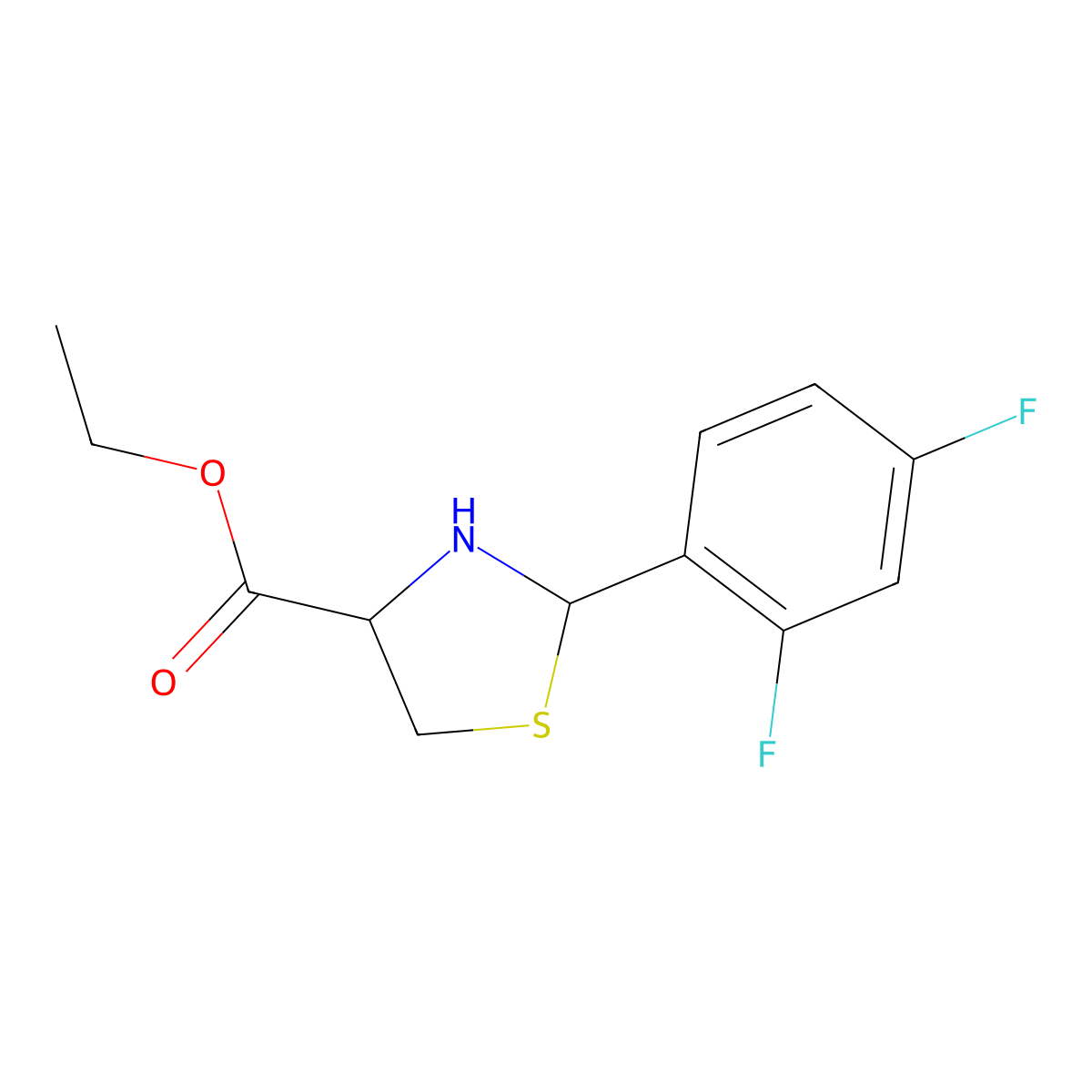 Ethyl 2-(2,4-difluorophenyl)-1,3-thiazolidine-4-carboxylate molecular structure, CAS 2248257-86-3