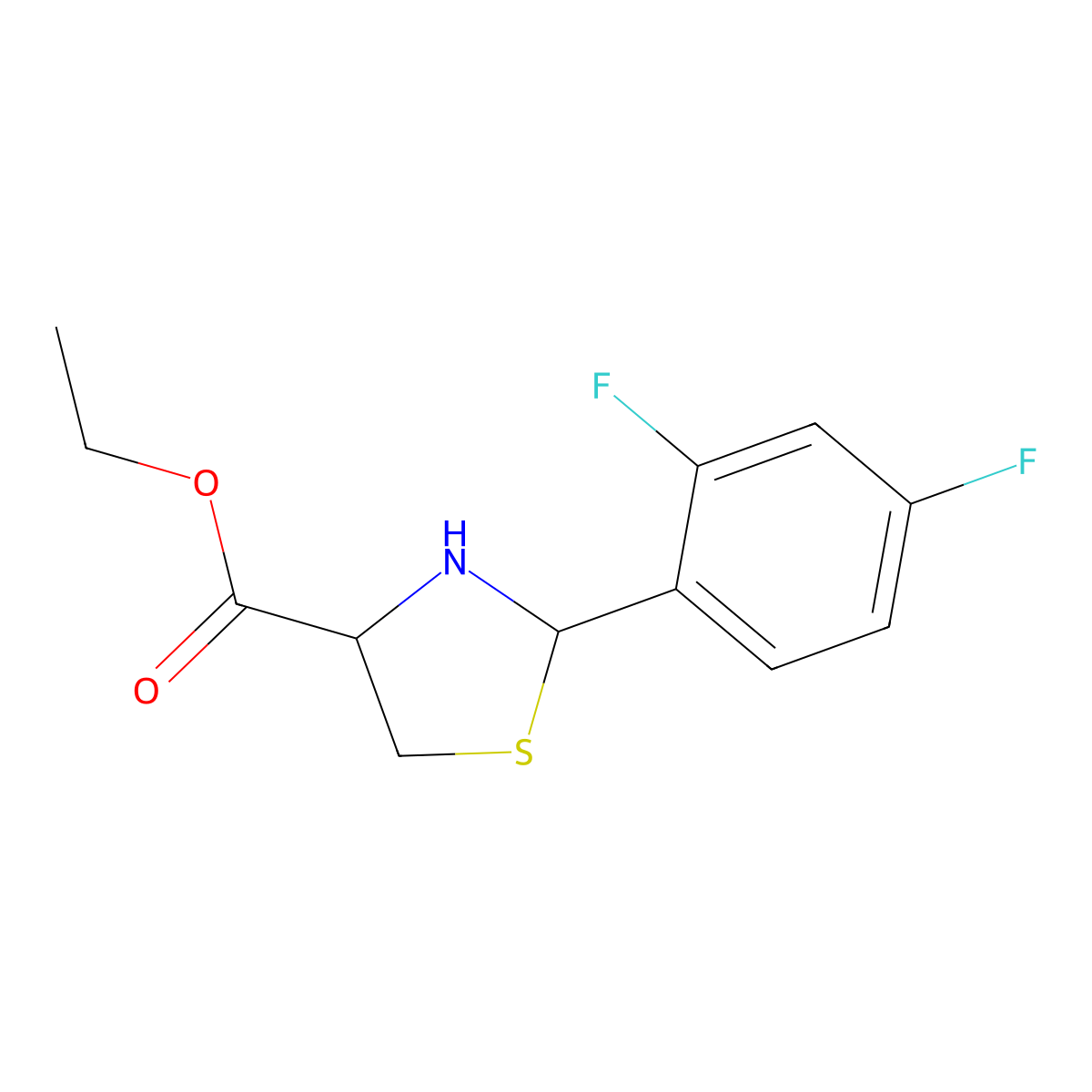 Ethyl 2-(2,4-difluorophenyl)-1,3-thiazolidine-4-carboxylate molecular structure, CAS 2248257-86-3