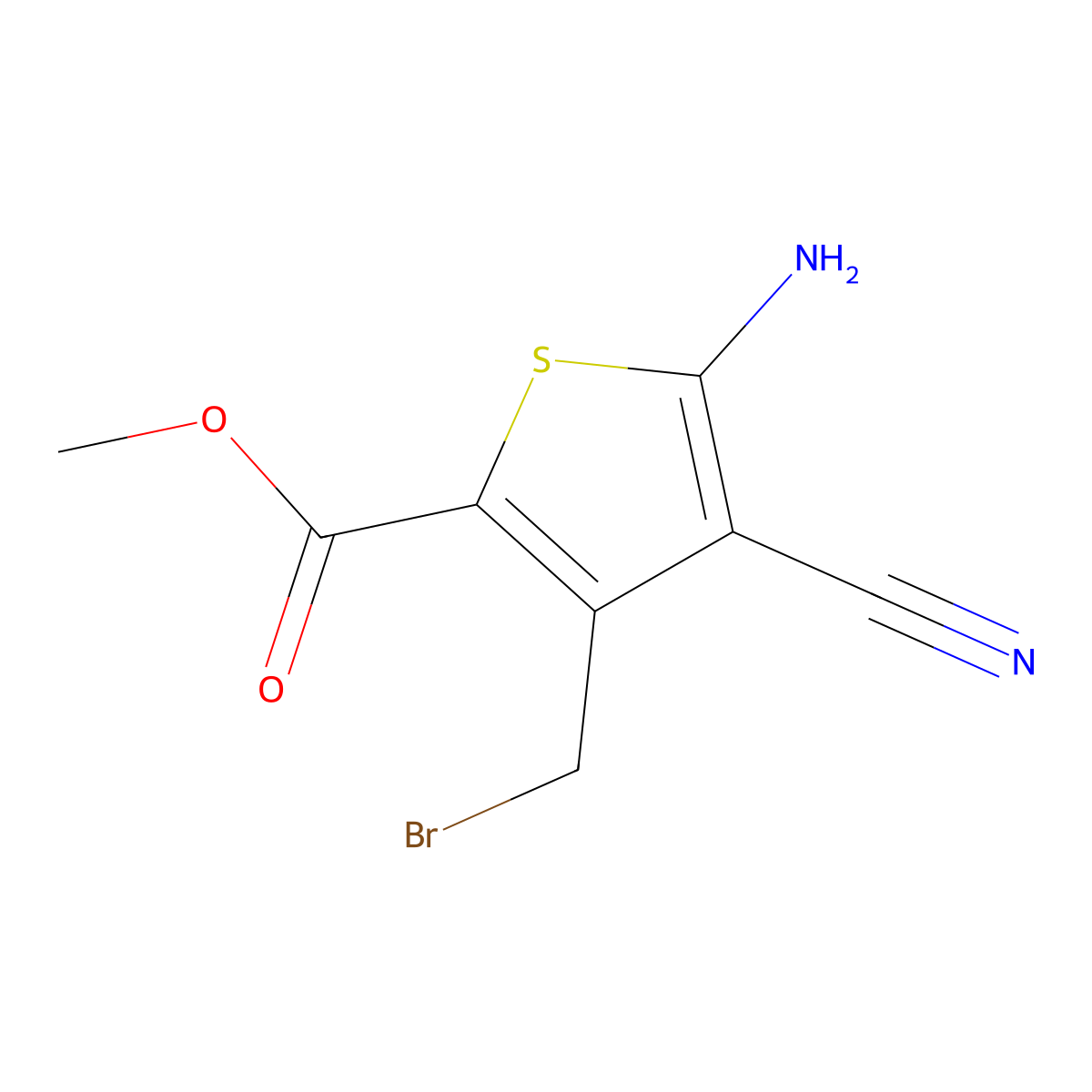 Methyl 5-amino-3-(bromomethyl)-4-cyanothiophene-2-carboxylate molecular structure, CAS 2248268-00-8