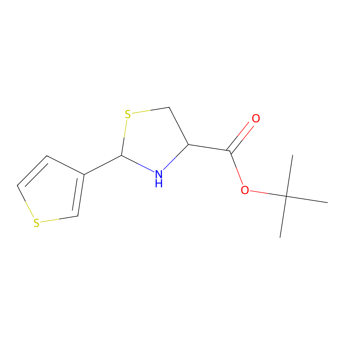 Tert-butyl 2-(thiophen-3-yl)-1,3-thiazolidine-4-carboxylate molecular structure, CAS 2248274-35-1