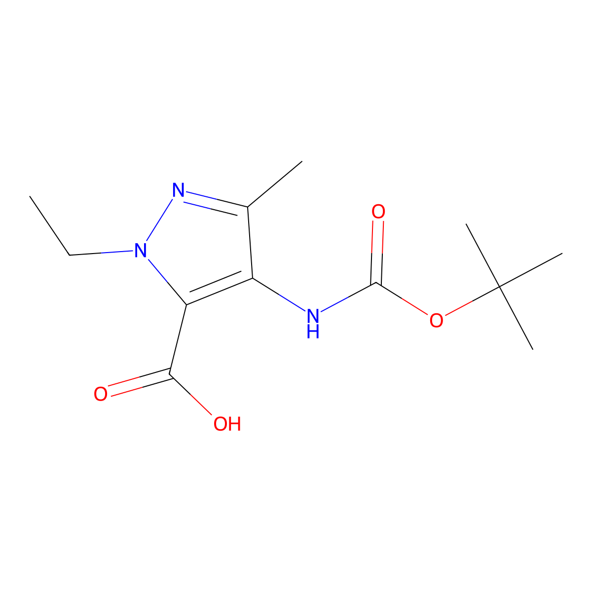 4-((tert-Butoxycarbonyl)amino)-1-ethyl-3-methyl-1H-pyrazole-5-carboxylic acid molecular structure, CAS 2248278-00-2