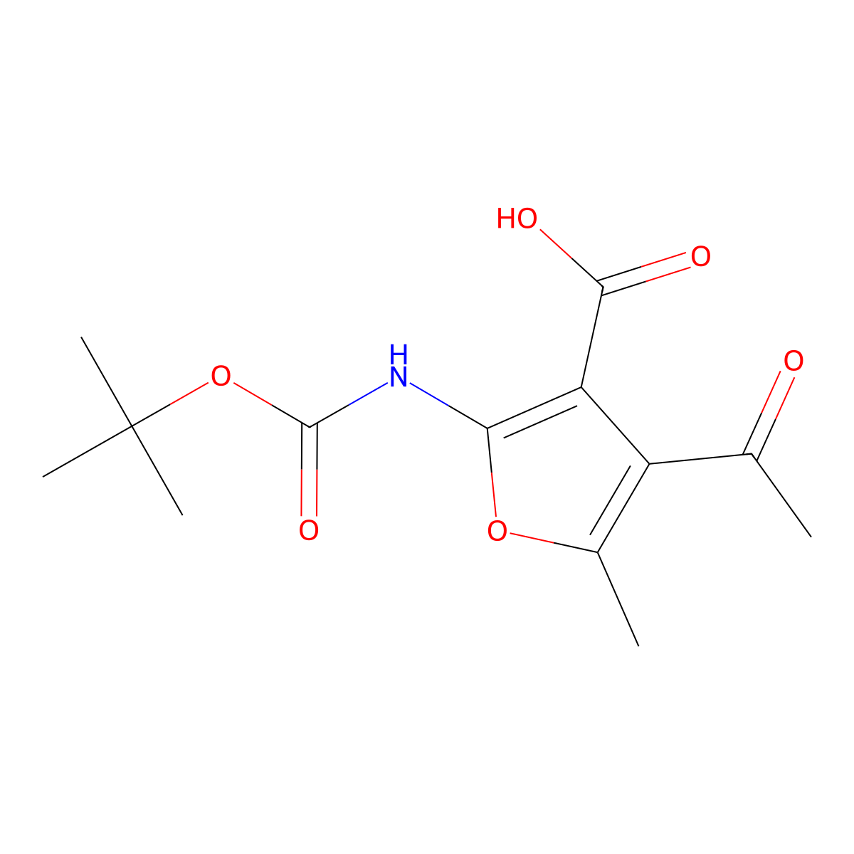 4-Acetyl-2-{[(tert-butoxy)carbonyl]amino}-5-methylfuran-3-carboxylic acid molecular structure, CAS 2248279-54-9