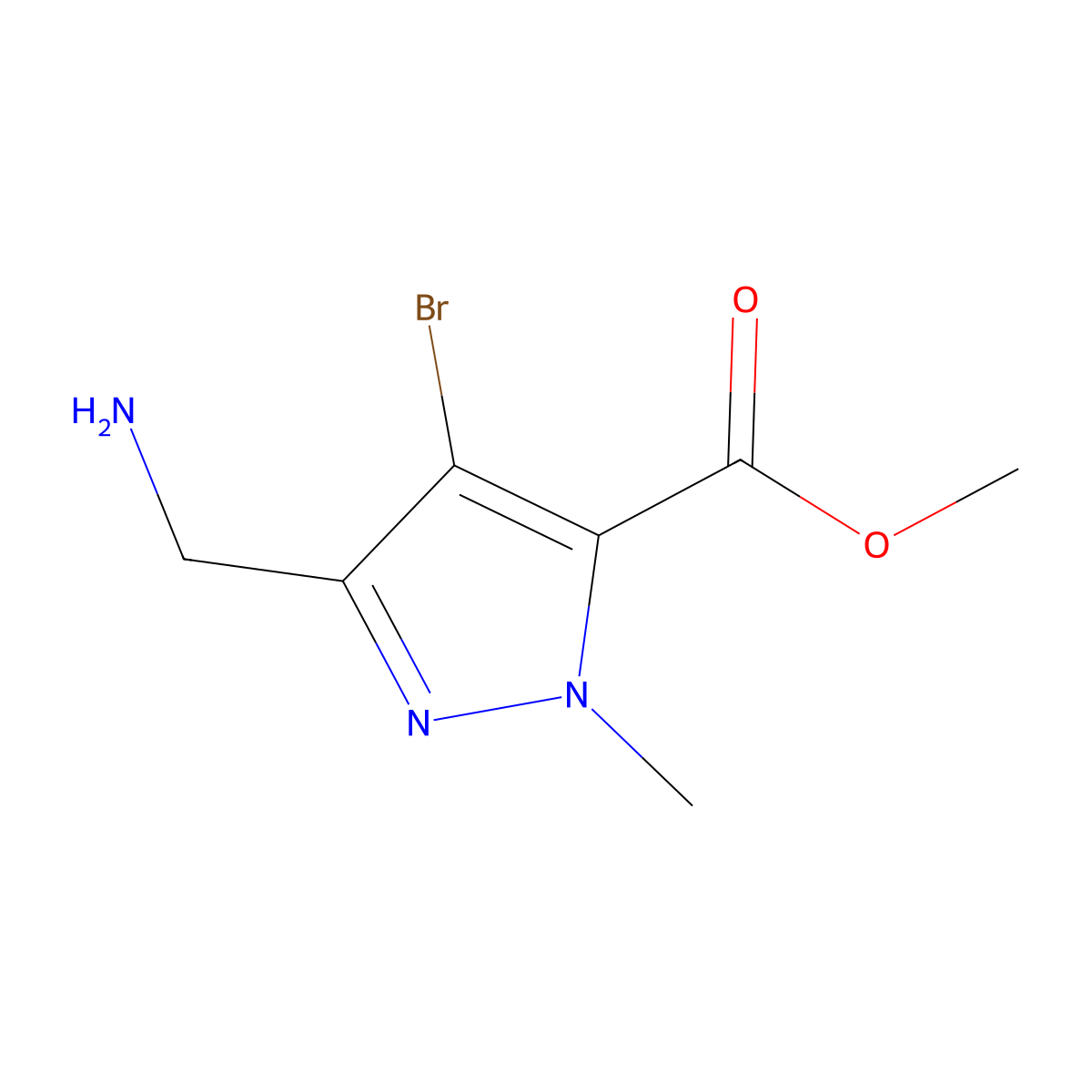 methyl 3-(aminomethyl)-4-bromo-1-methyl-1H-pyrazole-5-carboxylate molecular structure, CAS 2248357-46-0