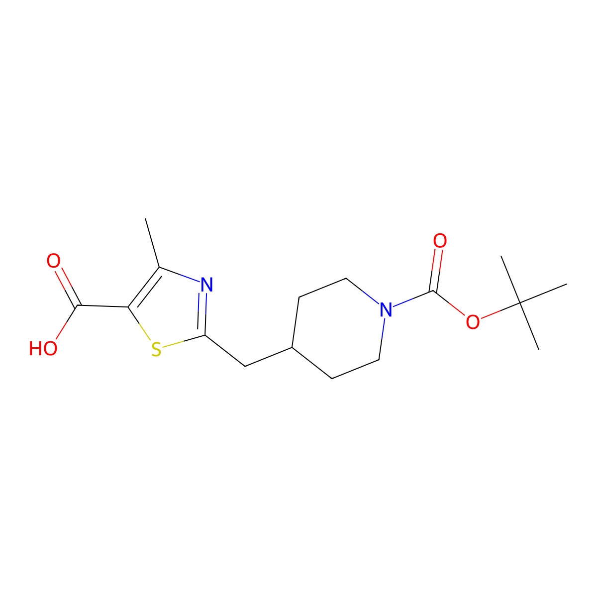 2-((1-((Tert-butoxy)carbonyl)piperidin-4-yl)methyl)-4-methyl-1,3-thiazole-5-carboxylic acid molecular structure, CAS 2248367-61-3