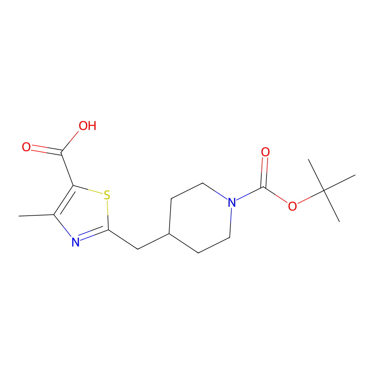 2-((1-((Tert-butoxy)carbonyl)piperidin-4-yl)methyl)-4-methyl-1,3-thiazole-5-carboxylic acid molecular structure, CAS 2248367-61-3