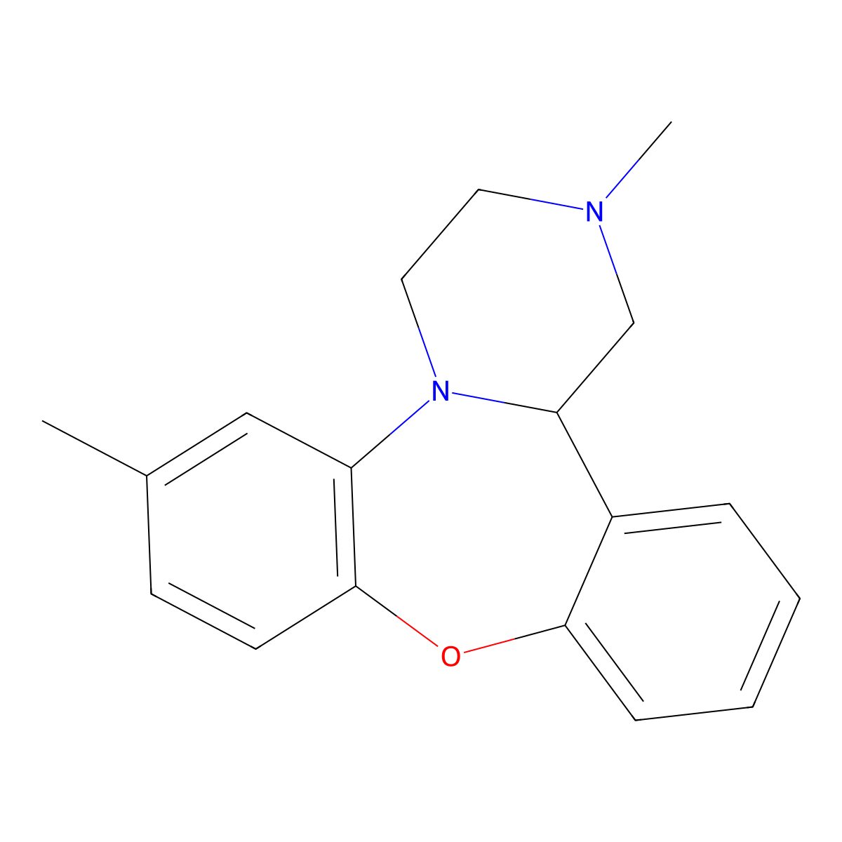 1,3,4,14b-Tetrahydro-2,7-dimethyl-2H-dibenzo(b,f)pyrazino(1,2-d)(1,4)oxazepine molecular structure, CAS 22485-08-1