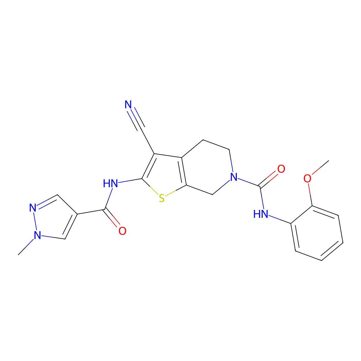 3-cyano-N-(2-methoxyphenyl)-2-[(1-methylpyrazole-4-carbonyl)amino]-5,7-dihydro-4H-thieno[2,3-c]pyridine-6-carboxamide molecular structure, CAS 2248552-84-1