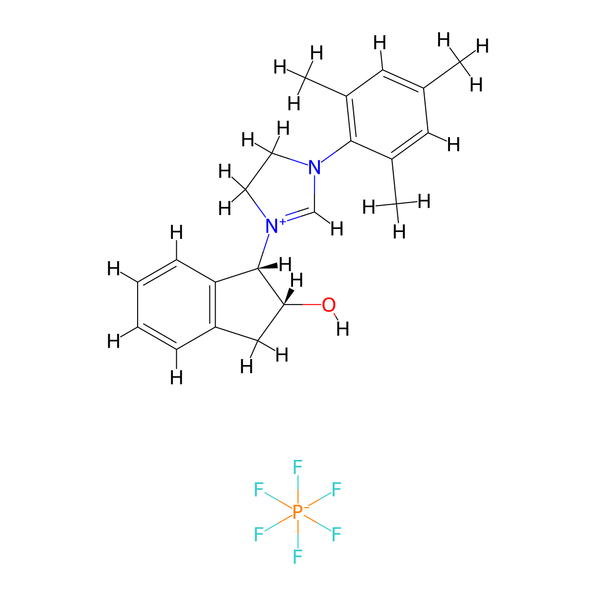 1-((1S,2R)-2-Hydroxy-2,3-dihydro-1H-inden-1-yl)-3-mesityl-4,5-dihydro-1H-imidazol-3-ium hexafluorophosphate(V) molecular structure, CAS 2248771-41-5