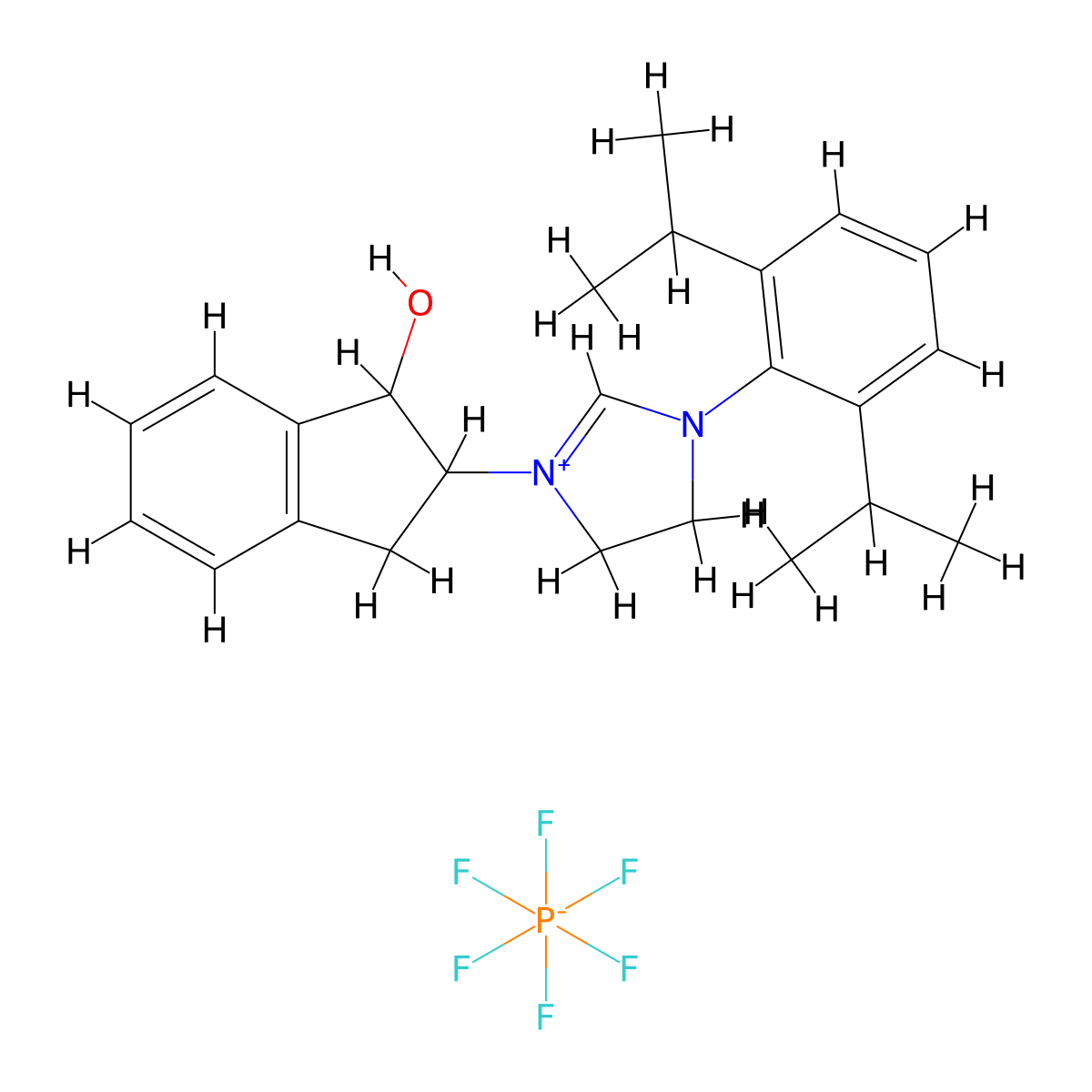 3-(2,6-Diisopropylphenyl)-1-((1S,2R)-2-hydroxy-2,3-dihydro-1H-inden-1-yl)-4,5-dihydro-1H-imidazol-3-ium hexafluorophosphate(V) molecular structure, CAS 2248771-43-7