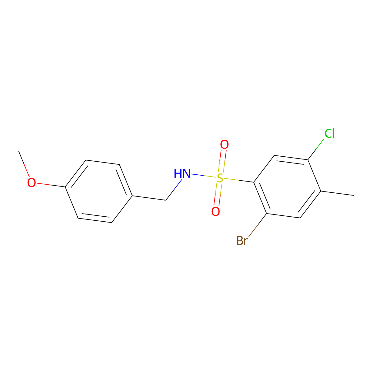 2-bromo-5-chloro-N-[(4-methoxyphenyl)methyl]-4-methylbenzene-1-sulfonamide molecular structure, CAS 2249192-95-6