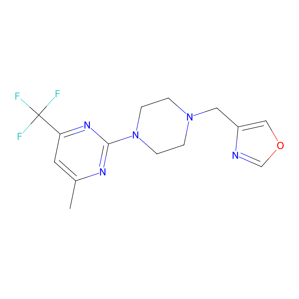 4-Methyl-2-{4-[(1,3-oxazol-4-yl)methyl]piperazin-1-yl}-6-(trifluoromethyl)pyrimidine molecular structure, CAS 2249625-75-8